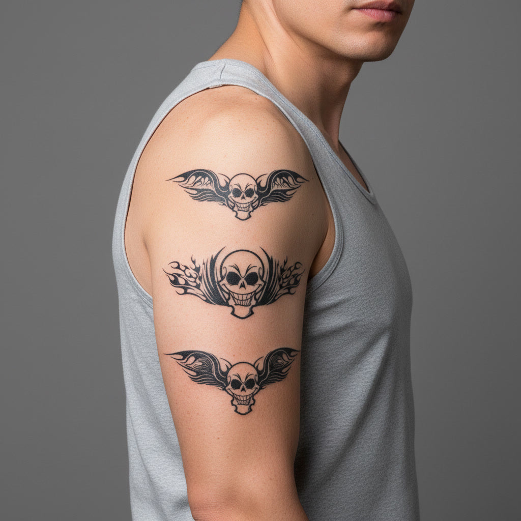 Tatuaje Temporal Calavera Alas Fuego