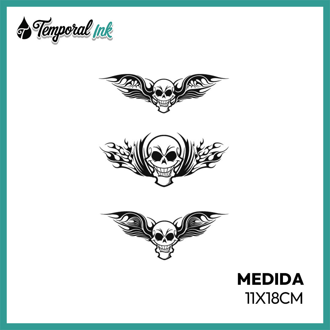 Tatuaje Temporal Calavera Alas Fuego
