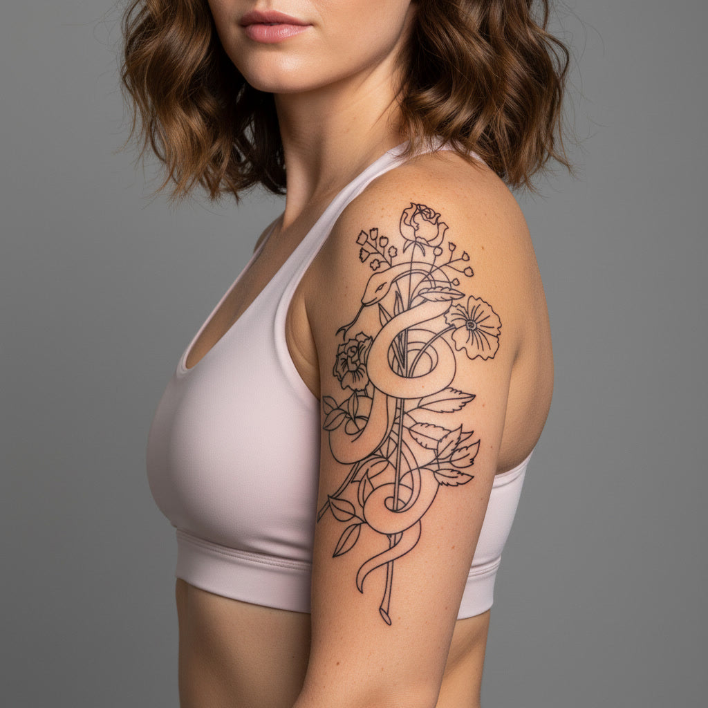 Tatuaje Temporal Serpiente Floral