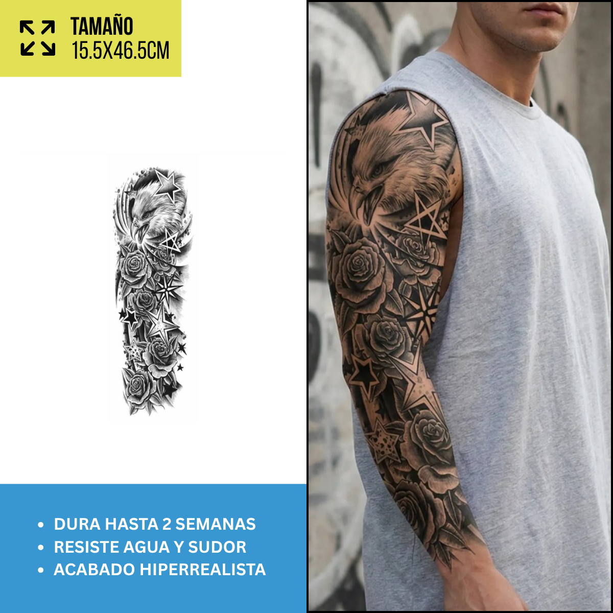 Tatuajes Temporales Mangas Realistas, Rosas y Náuticas | Hasta 2 Semanas