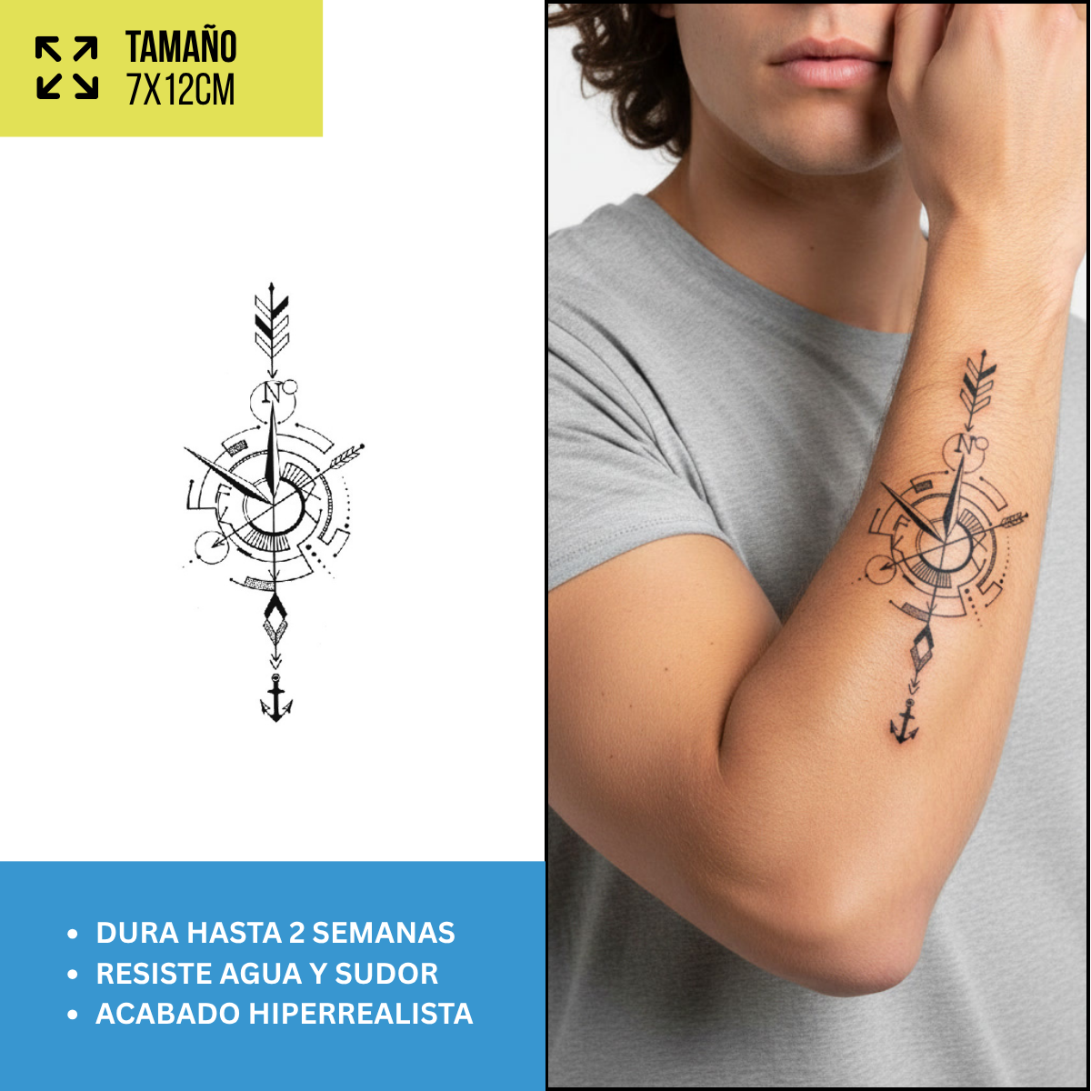 Tatuaje Temporal Brújula con Gometría