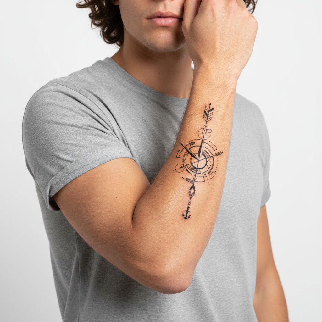 Tatuaje Temporal Brújula con Gometría