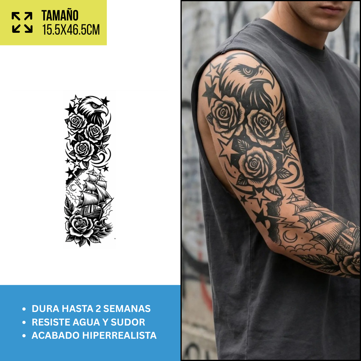 Tatuajes Temporales Mangas Realistas, Rosas y Náuticas | Hasta 2 Semanas