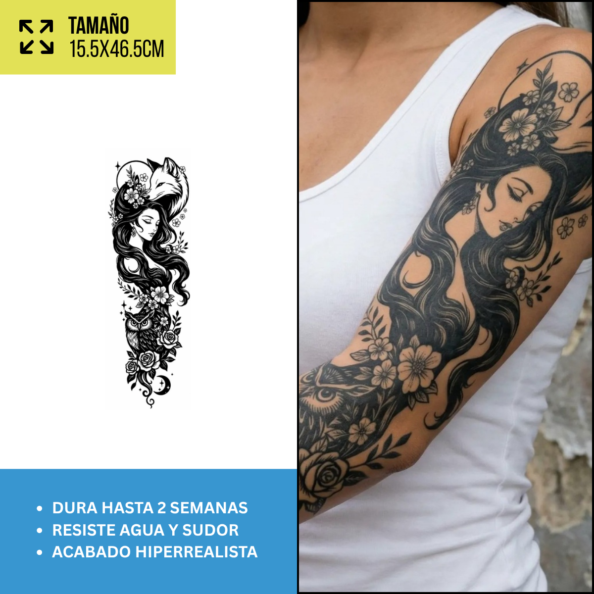 Tatuajes Temporales Mangas Dark, Mujeres y Animales | Hasta 2 Semanas