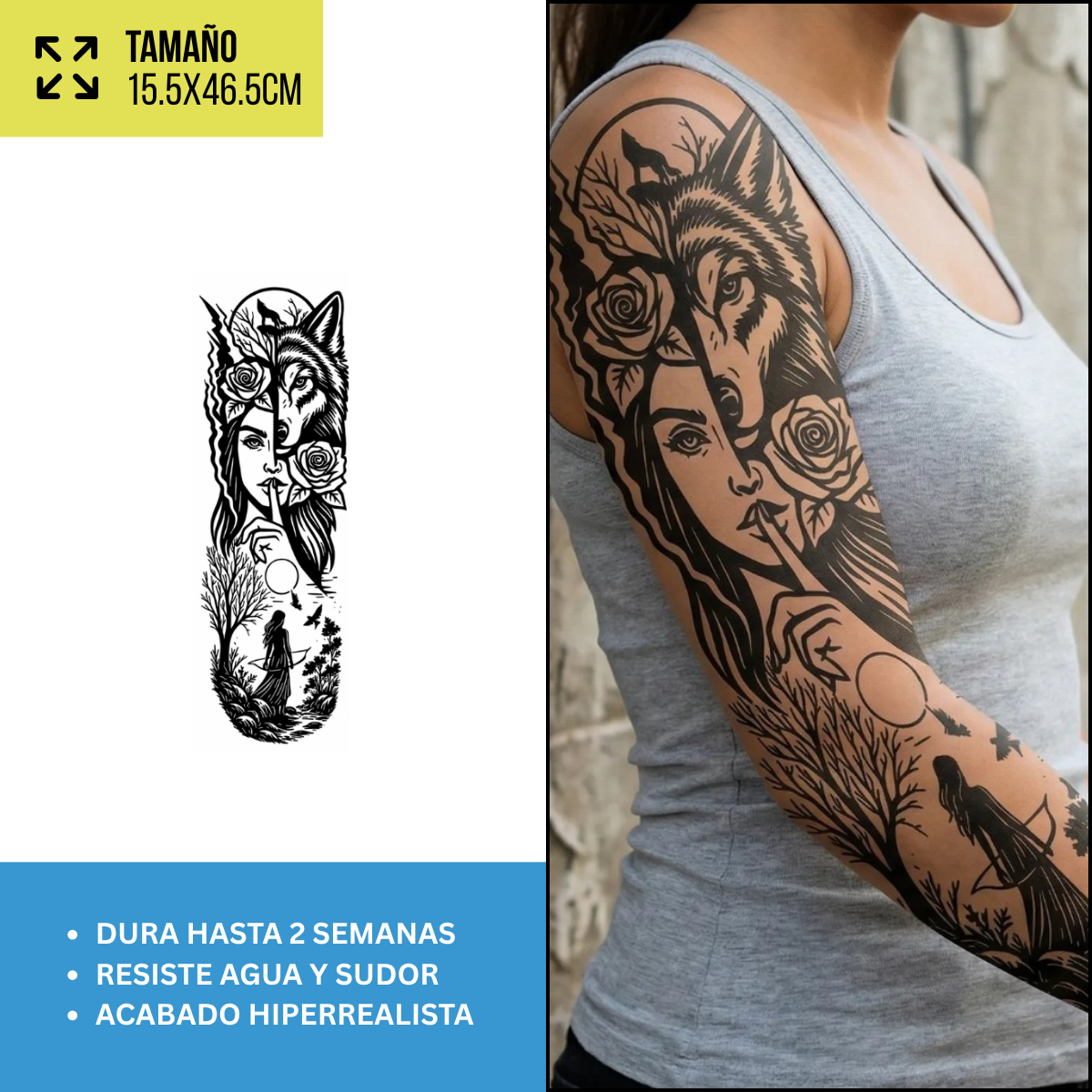 Tatuajes Temporales Mangas Dark, Mujeres y Animales | Hasta 2 Semanas