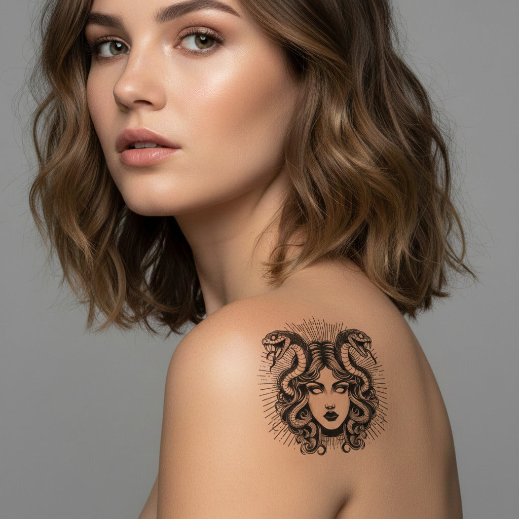 Tatuaje temporal Medusa realista