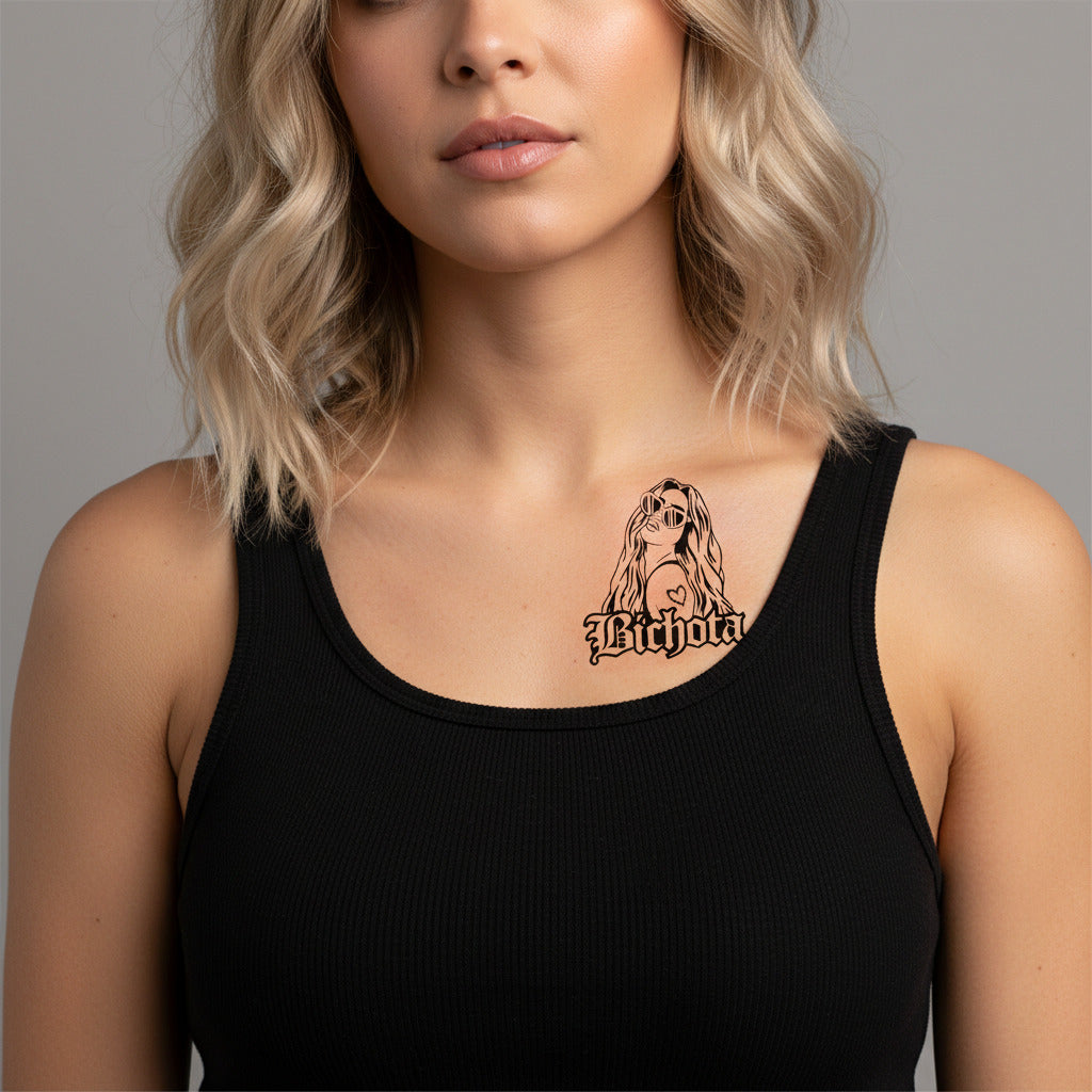 Tatuaje temporal Bichota ilustrado