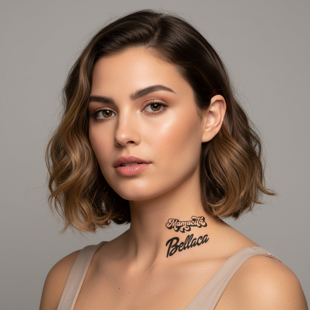 Tatuaje temporal Mamacita Bellaca lettering