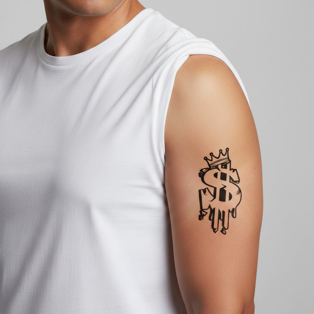Tatuaje temporal signo dólar con corona