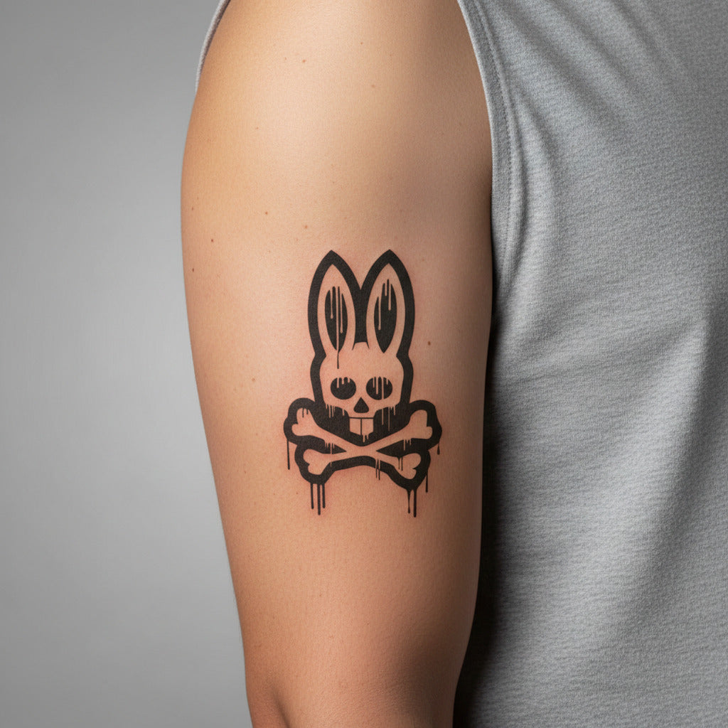 Tatuaje temporal conejo calavera con huesos