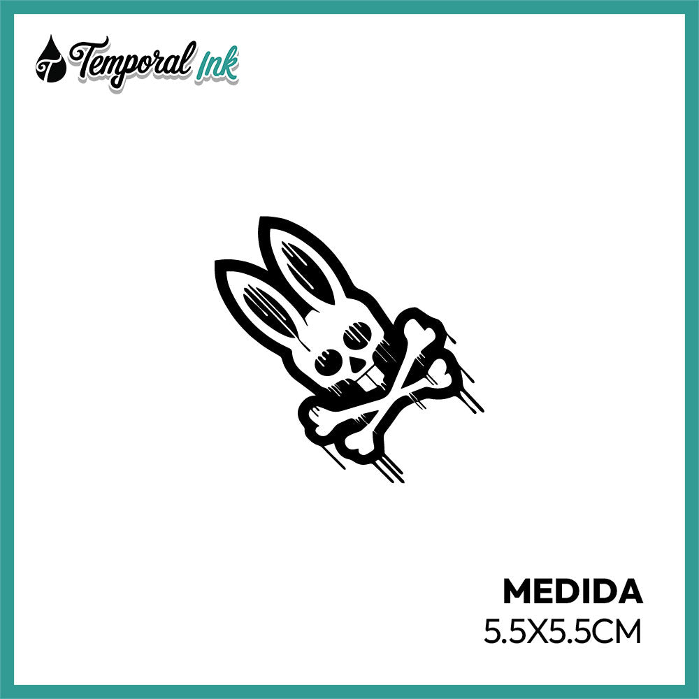 Tatuaje temporal conejo calavera con huesos