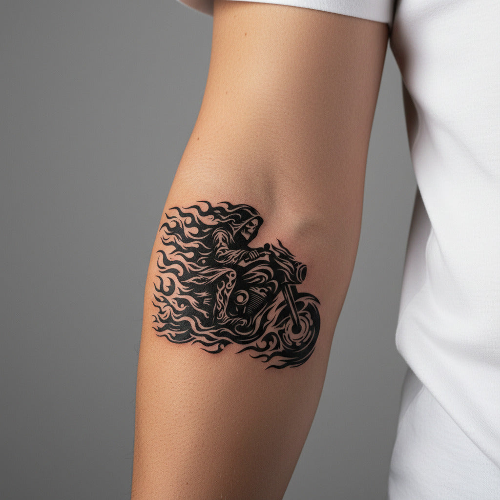 Tatuaje temporal motociclista fantasma en llamas