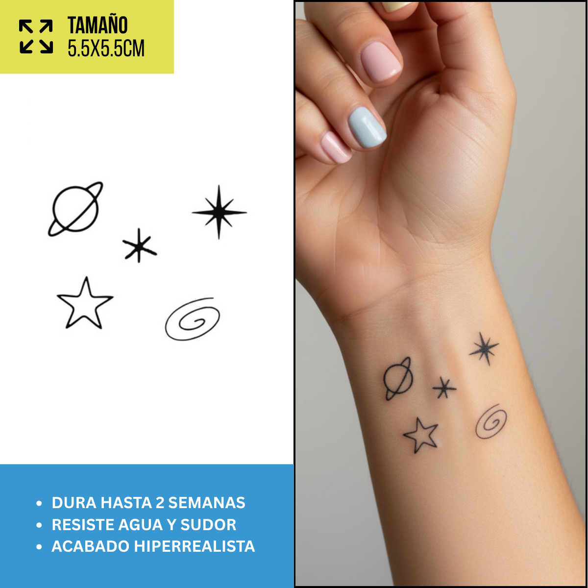 Tatuajes Temporales Sol, Luna y Estrellas  | Hombre y Mujer