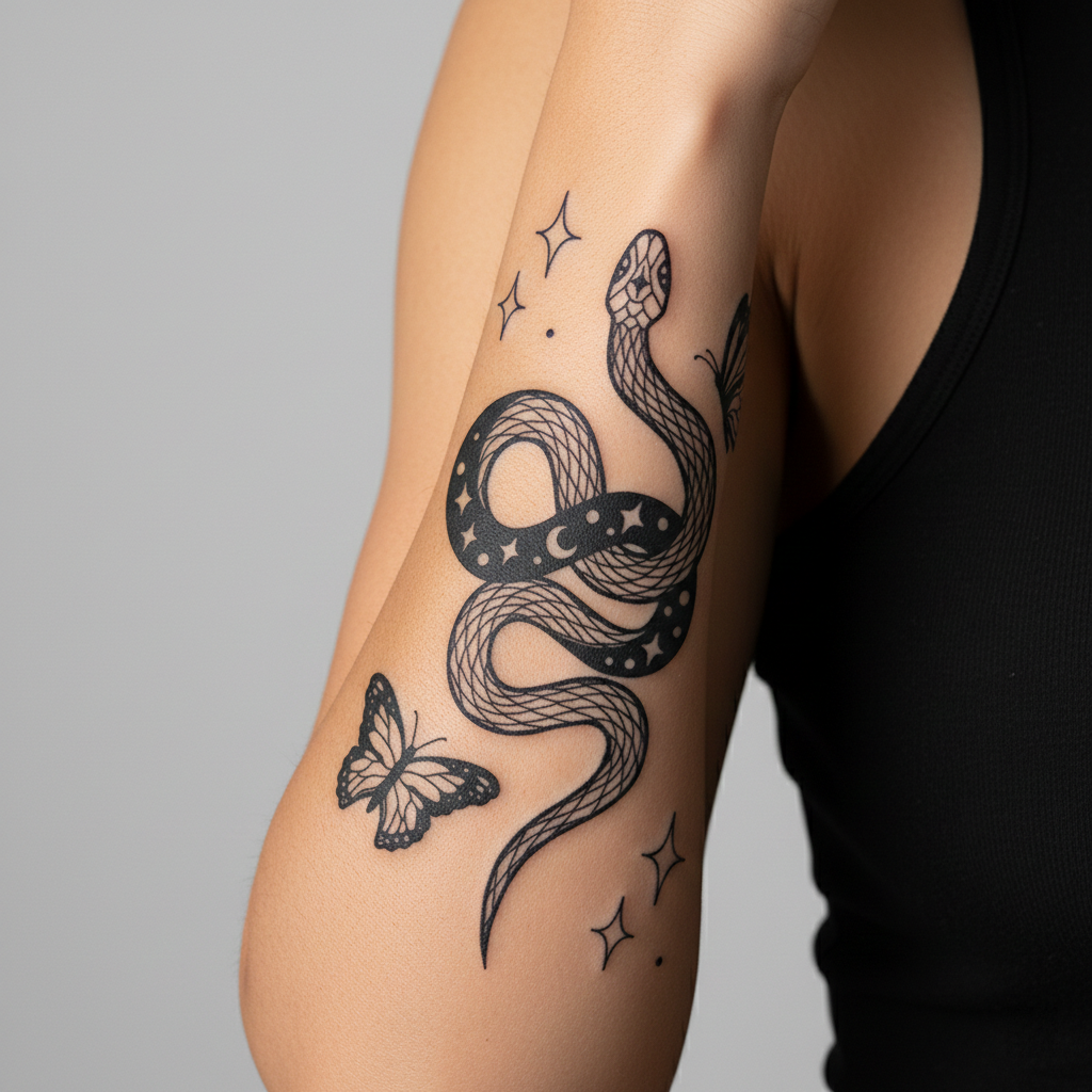 Tatuaje Serpiente con mariposas