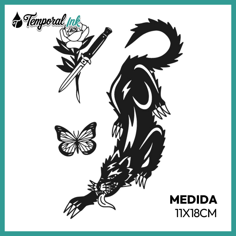 Tatuaje Pantera con rosa y daga