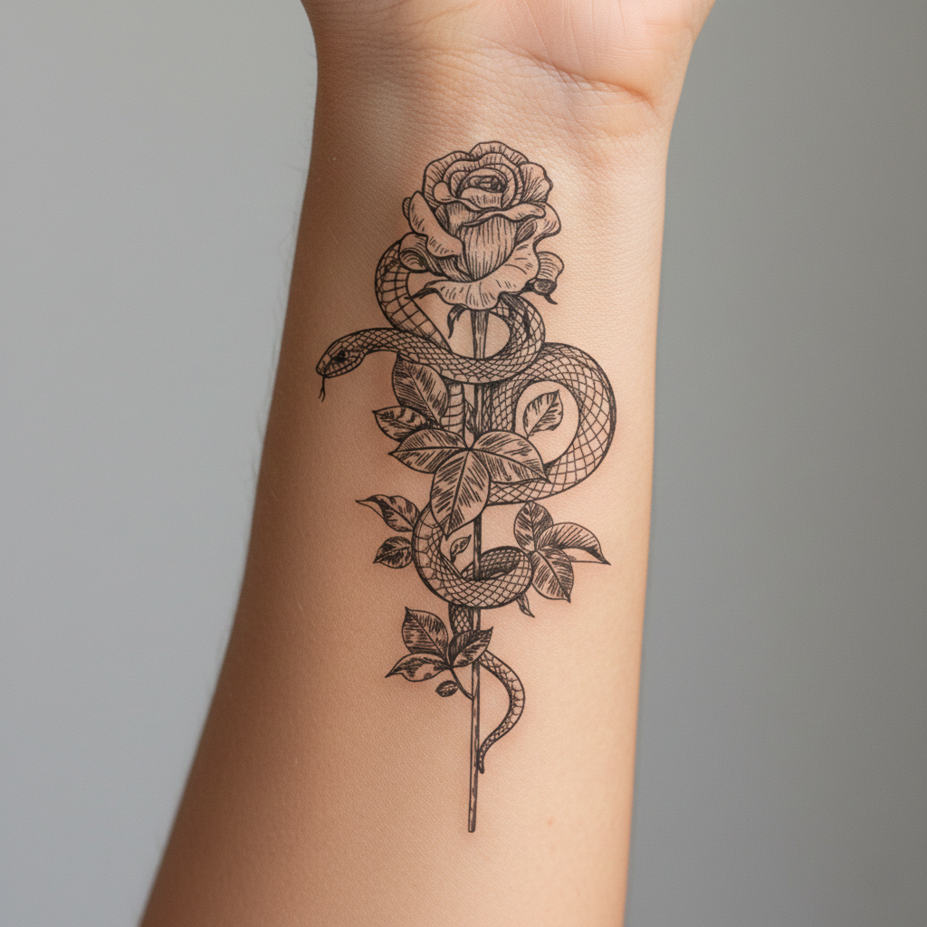 Tatuaje Rosa con serpiente