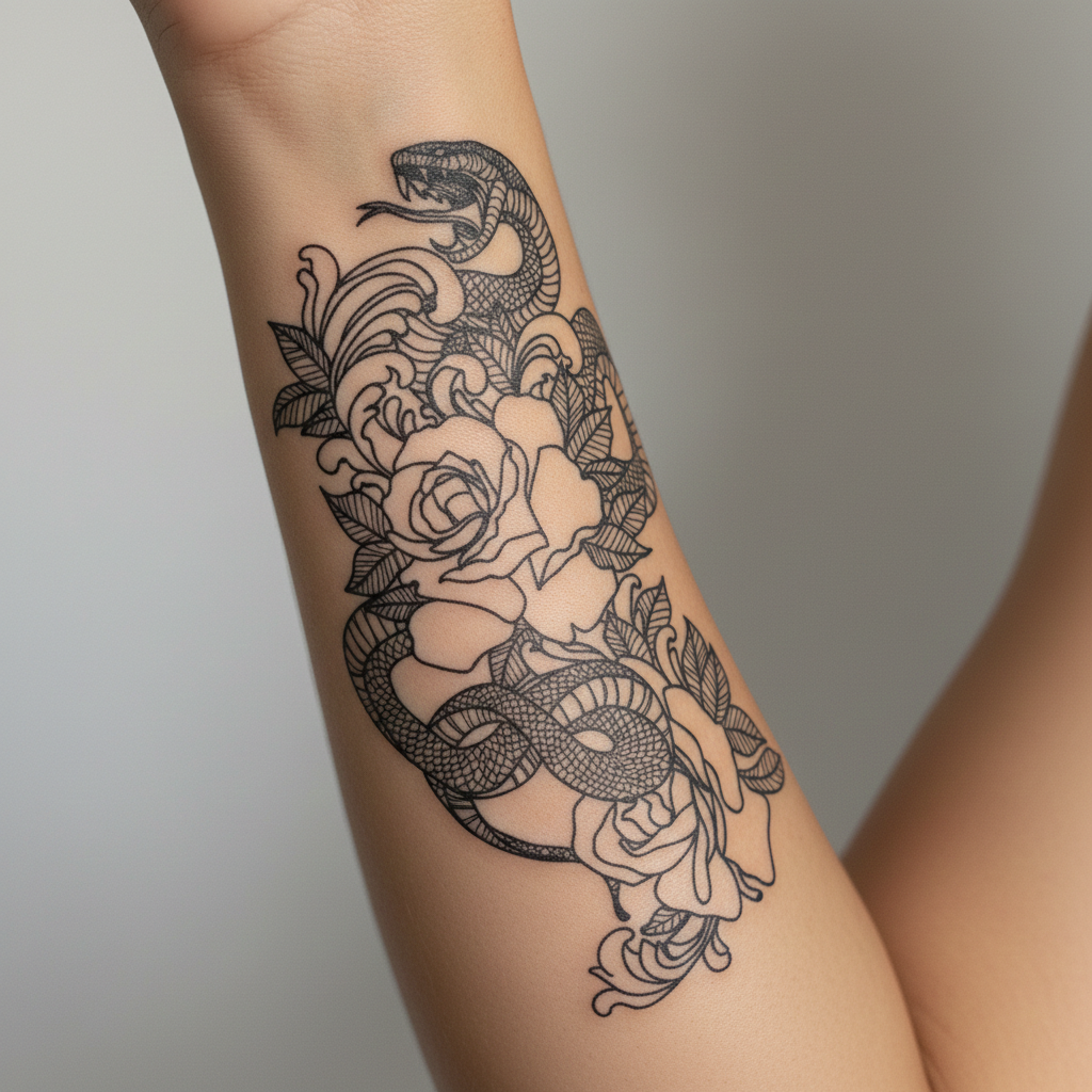 Tatuaje Serpiente entre rosas