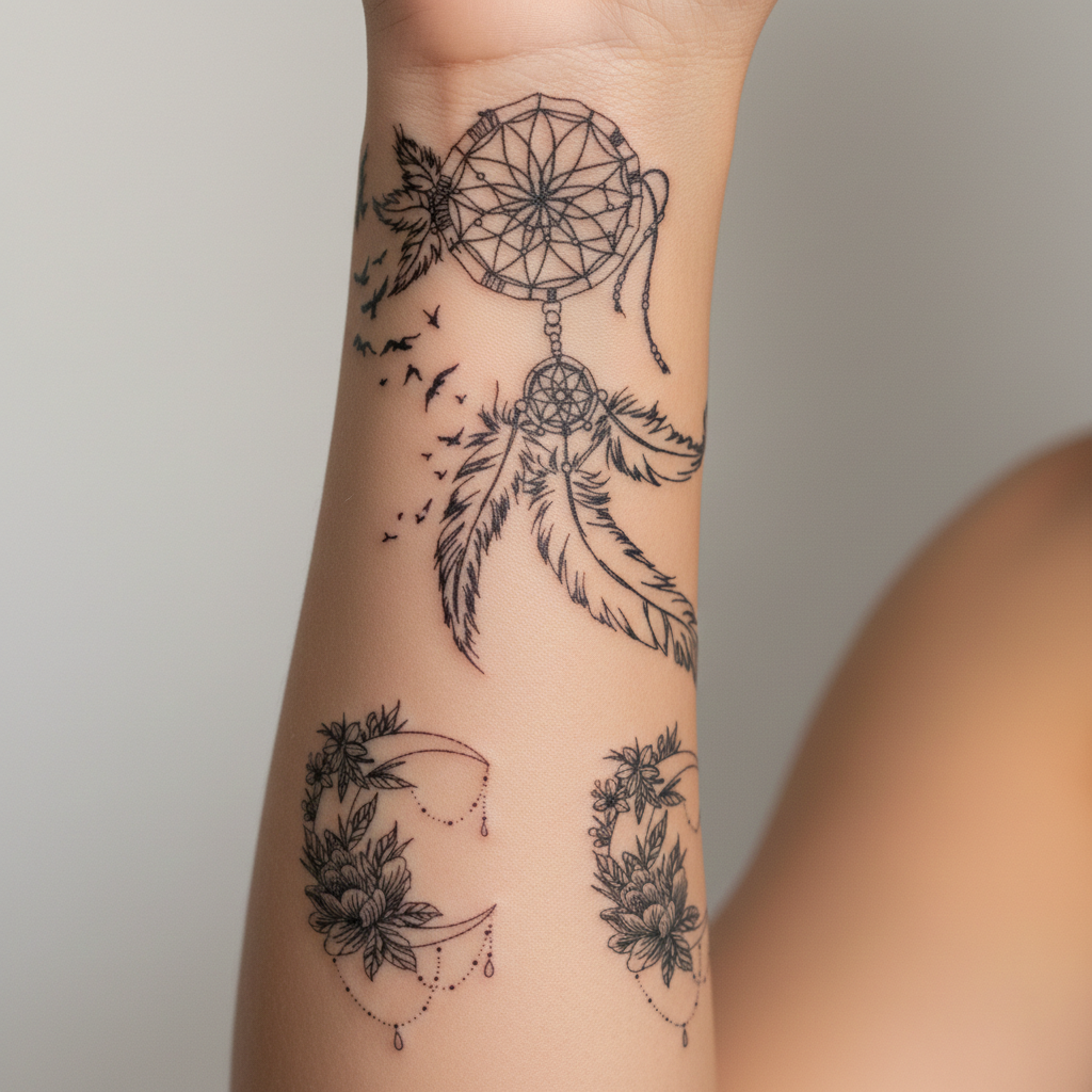 Tatuaje Atrapasueños con plumas