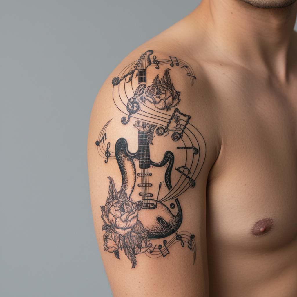 Tatuaje Guitarras con rosas