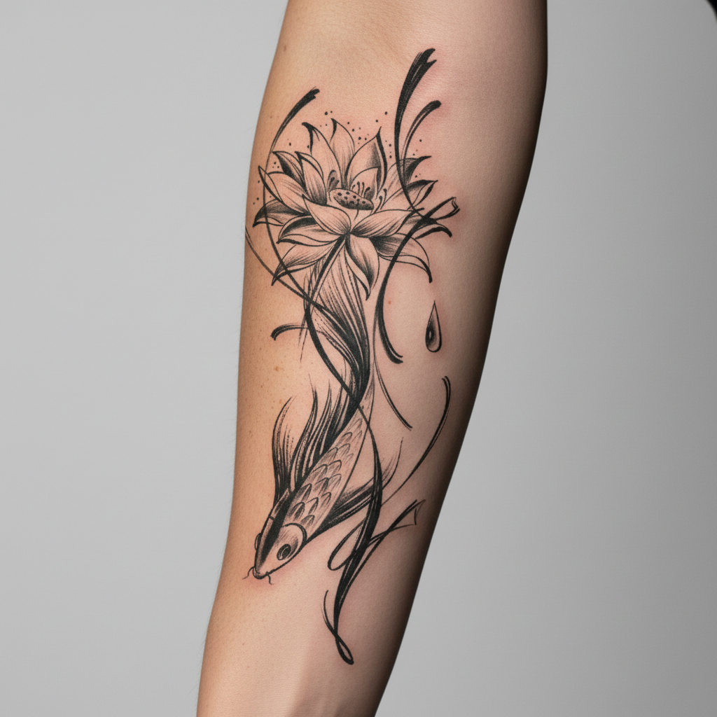 Tatuaje Flor de loto con pez koi
