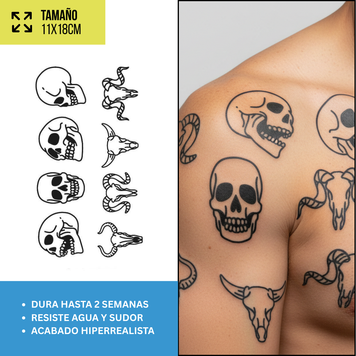 Tatuajes Temporales Dark & Calaveras | Duran Hasta 2 Semanas